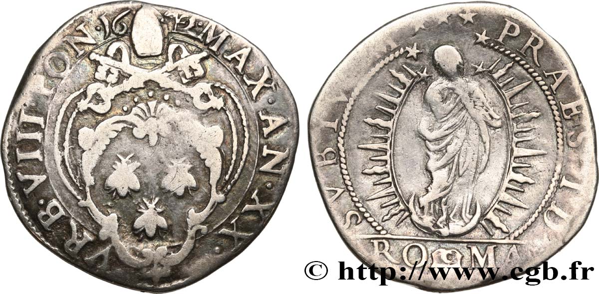 ITALY - PAPAL STATES - URBAN VIII (Maffeo Barberini) Teston an XX 1642 Rome VF 