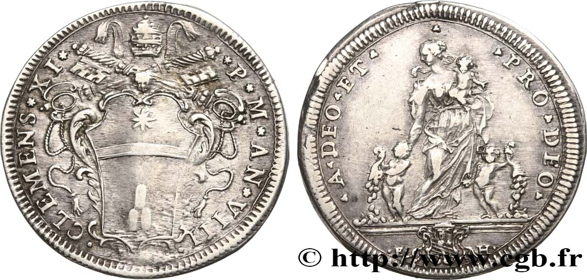 ITALIE - ÉTATS DU PAPE - CLEMENT XI (Jean-François Albani) Teston an VIII (1708) Rome TTB 