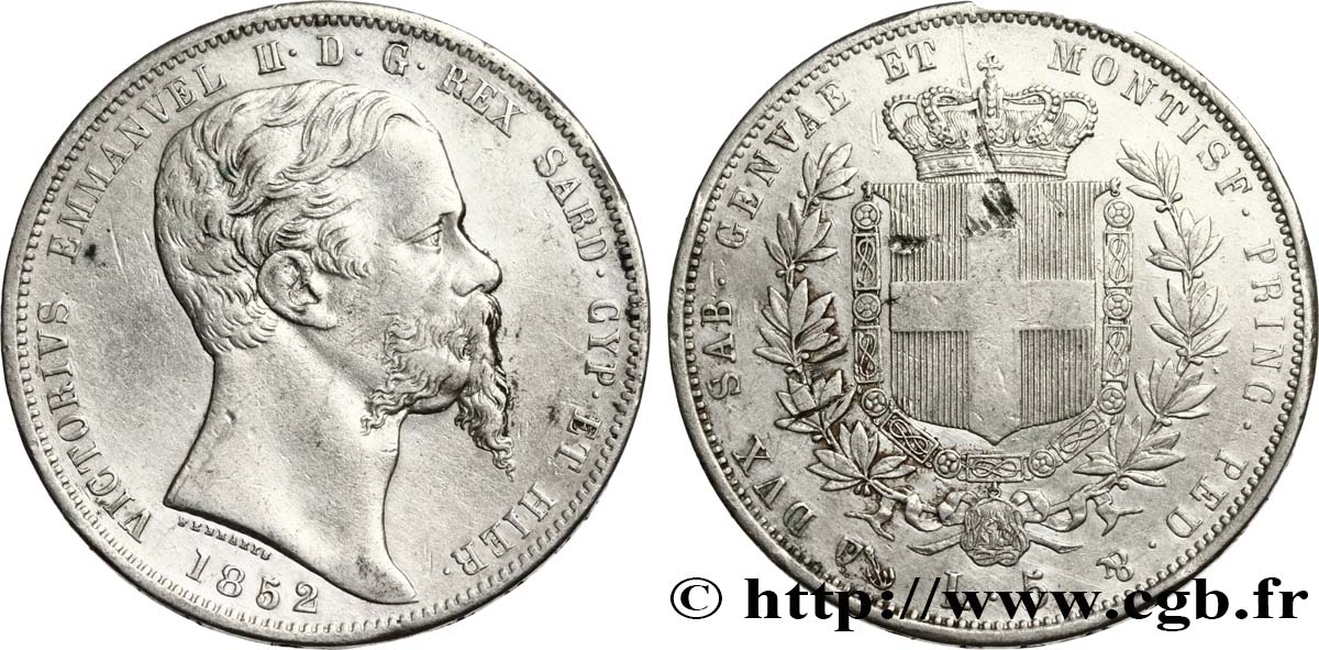 ITALIEN - KÖNIGREICH SARDINIEN 5 Lire Victor Emmanuel II 1852 Gênes SS 