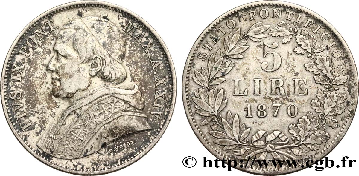 VATICAN AND PAPAL STATES 5 Lire Pie IX an XXIV 1870 Rome XF/AU 