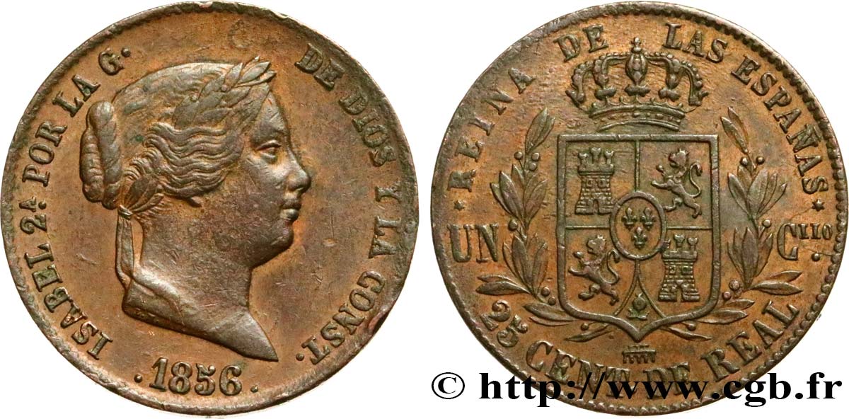 SPAIN 25 Centimos de Real (Cuartillo) Isabelle II 1856 Ségovie XF 
