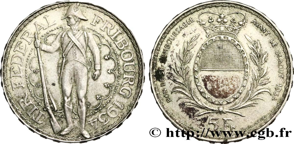 SCHWEIZ 5 Francs, monnaie de Tir, Fribourg 1934 Le Locle fVZ 