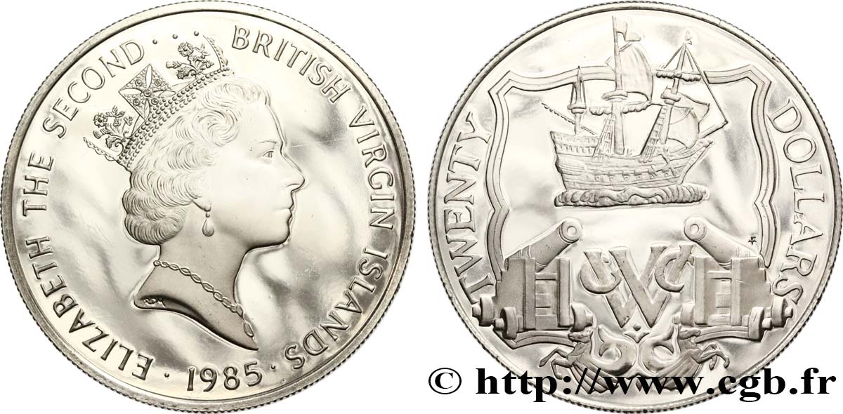 ÎLES VIERGES BRITANNIQUES 20 Dollars Proof voilier et canons hollandais 1985  SPL 