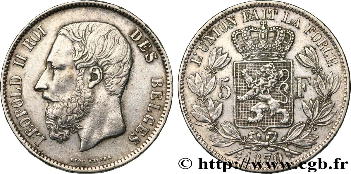 BELGIQUE 5 Francs Léopold II 1870  TTB 