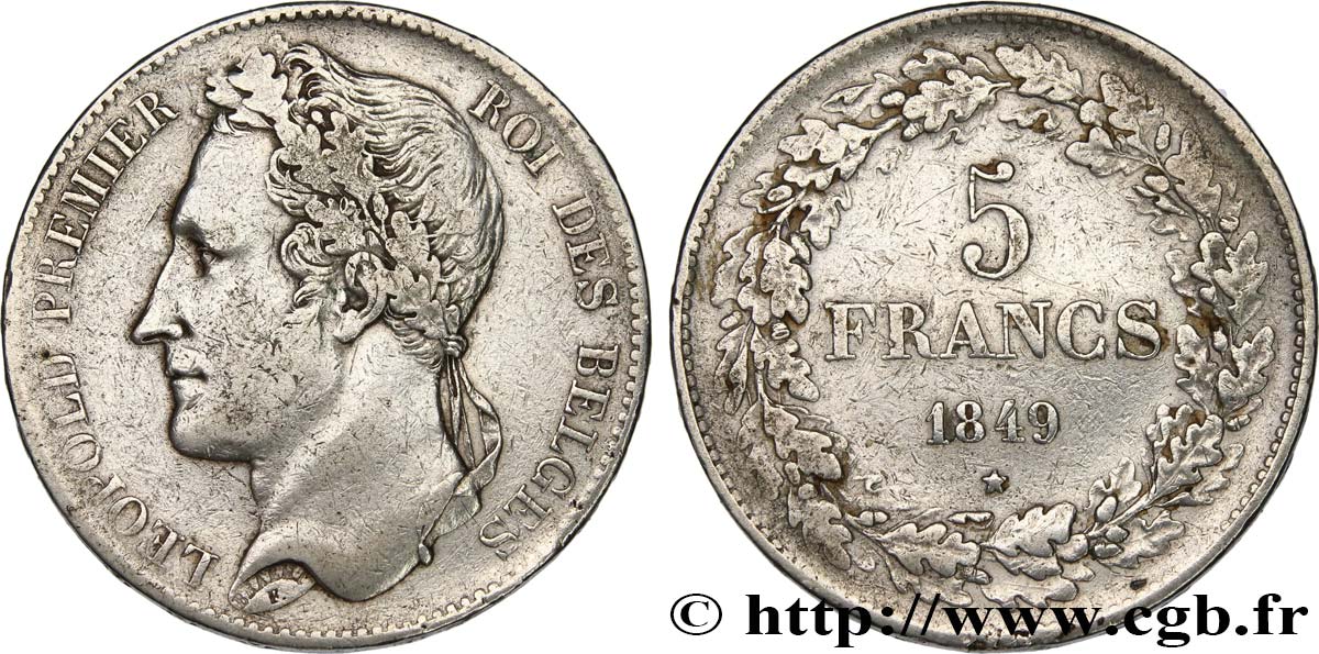 BELGIEN 5 Francs Léopold Ier tête laurée 1849  S 