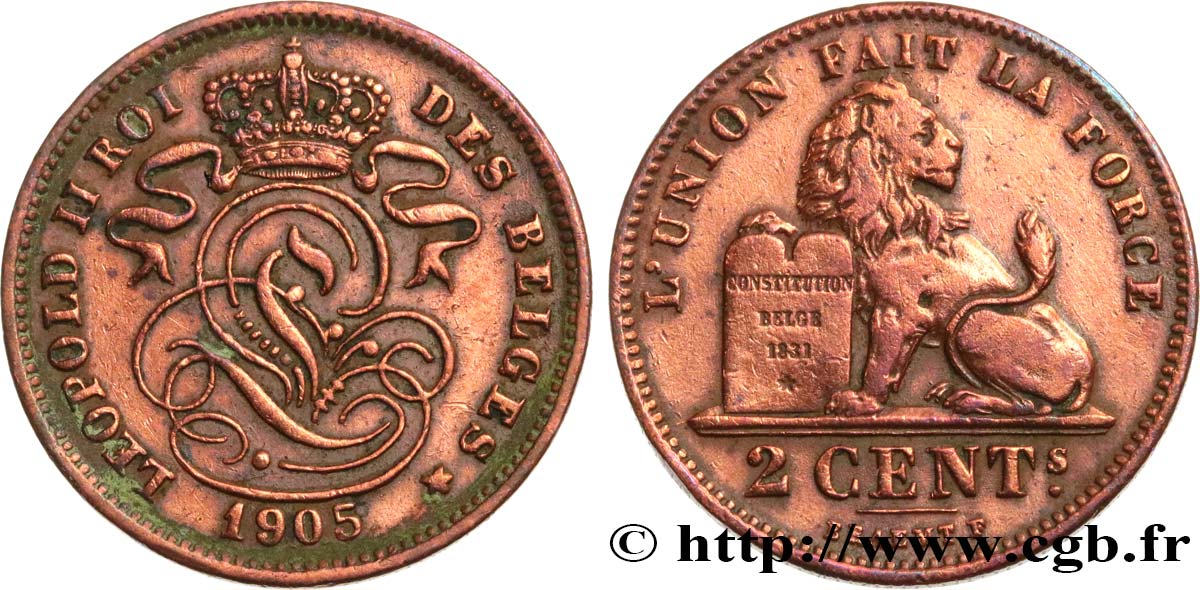 BÉLGICA 2 Centiemen (Centimes) Léopold II légende flamande 1905  MBC 