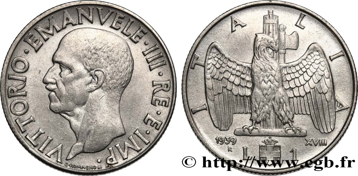 ITALIA 1 Lire Victor-Emmanuel III an XVIII / aigle et faisceau 1939 Rome - R EBC 