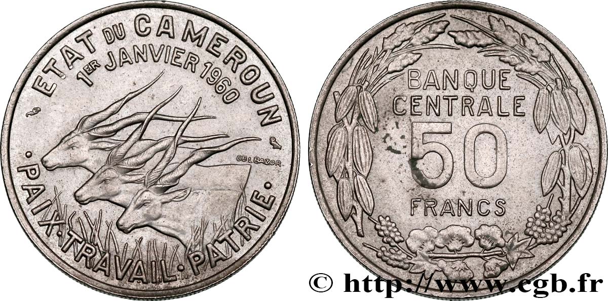 CAMEROON 50 Francs Etat du Cameroun, commémoration de l’indépendance, antilopes 1960 Paris AU 