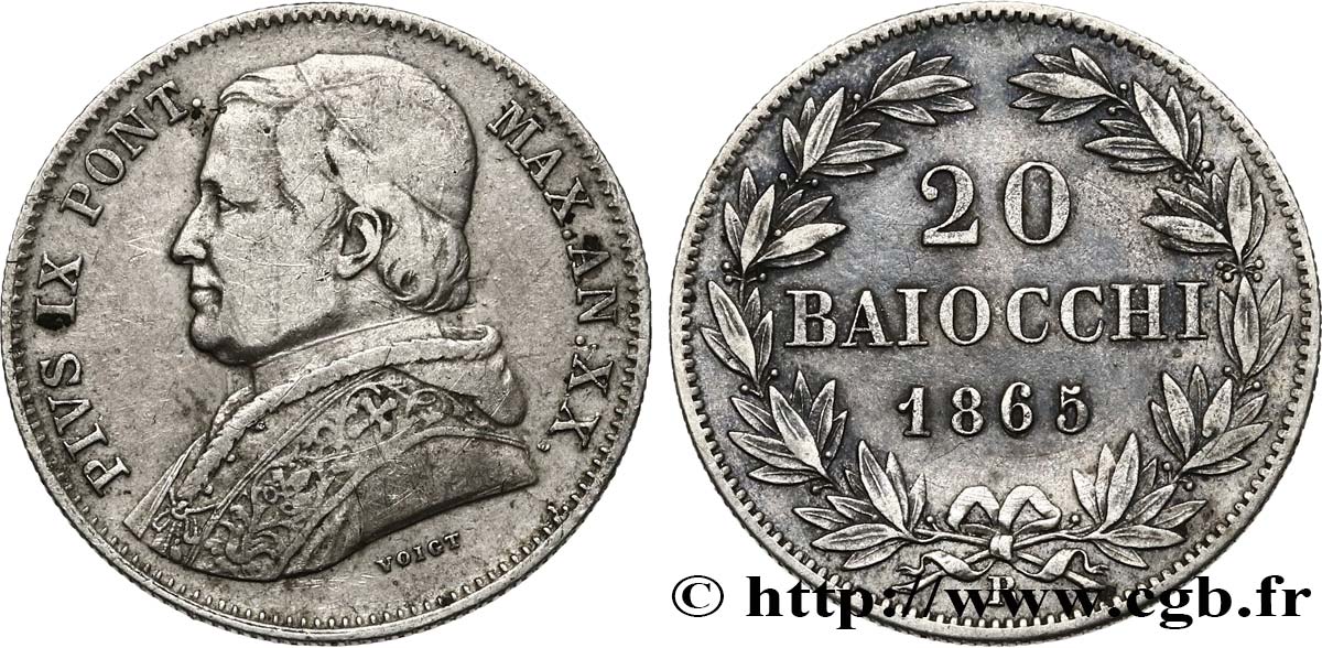 VATICAN ET ÉTATS PONTIFICAUX 20 Baiocchi Pie IX an XX 1865 Rome TTB 