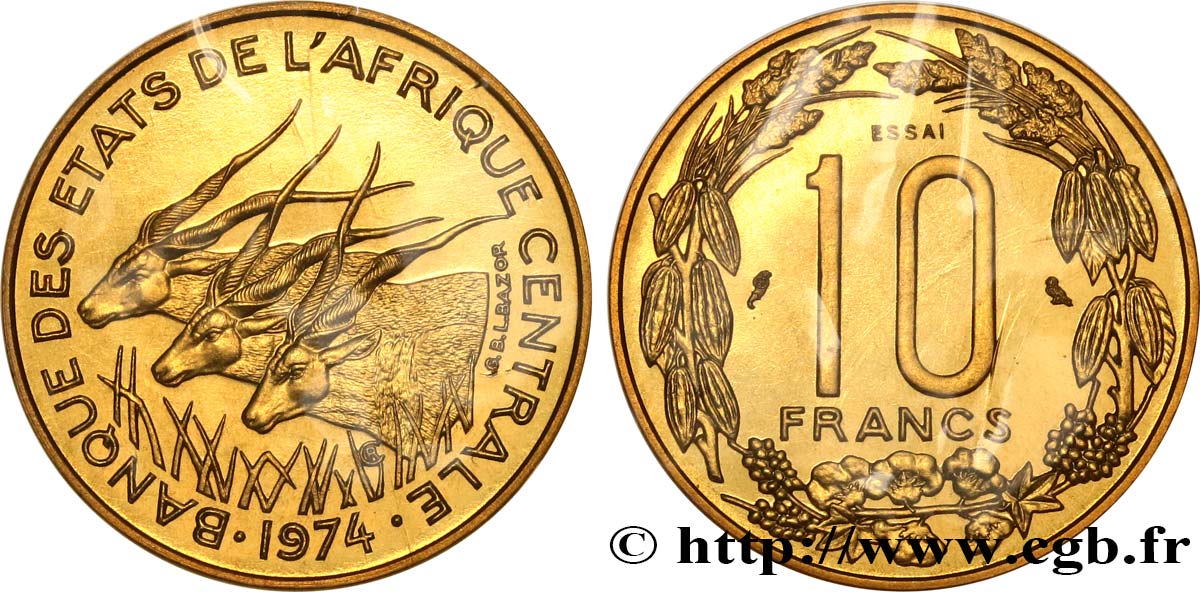 ZENTRALAFRIKANISCHE LÄNDER Essai de 10 Francs antilopes 1974 Paris ST 