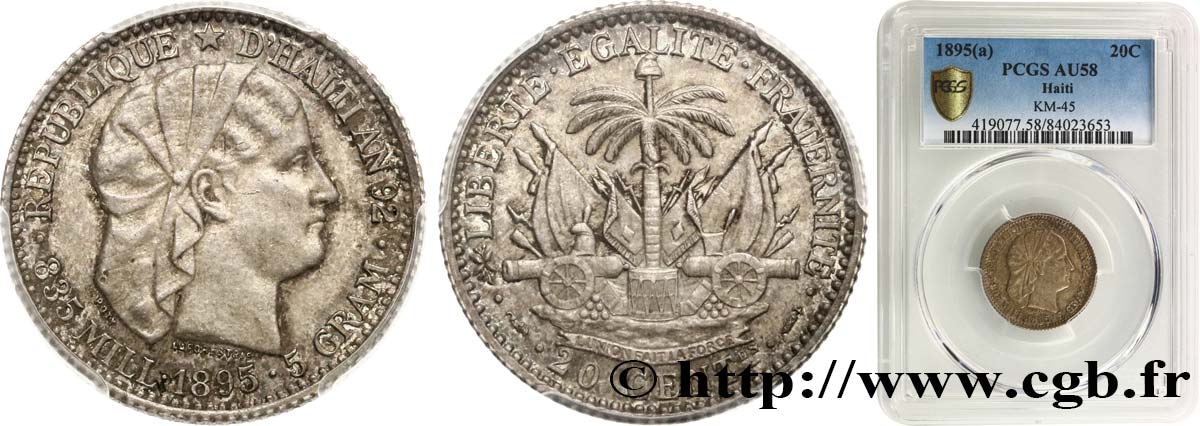 HAITI 20 Centimes 1895 Paris VZ58 PCGS