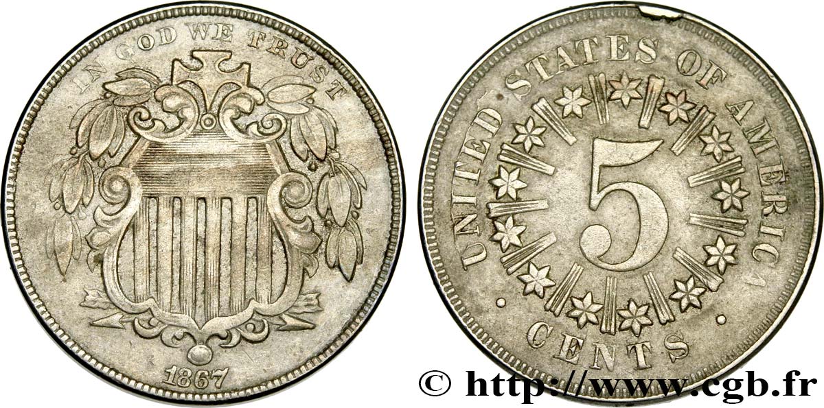 STATI UNITI D AMERICA 5 Cents variété à rayons 1867 Philadelphie BB 