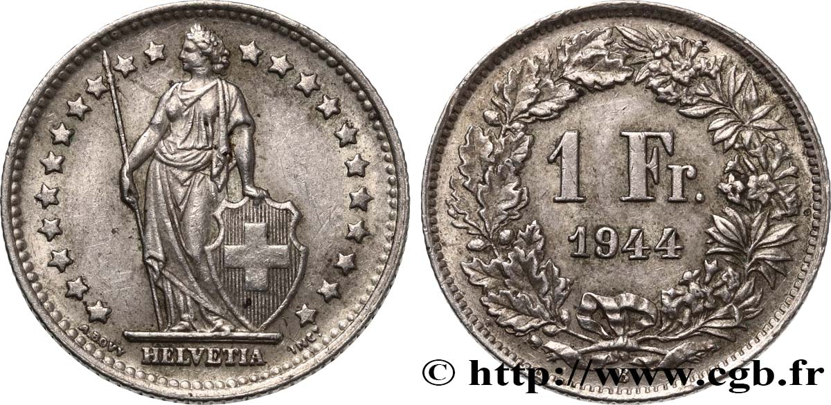 SWITZERLAND 1 Franc Helvetia 1944 Berne AU 