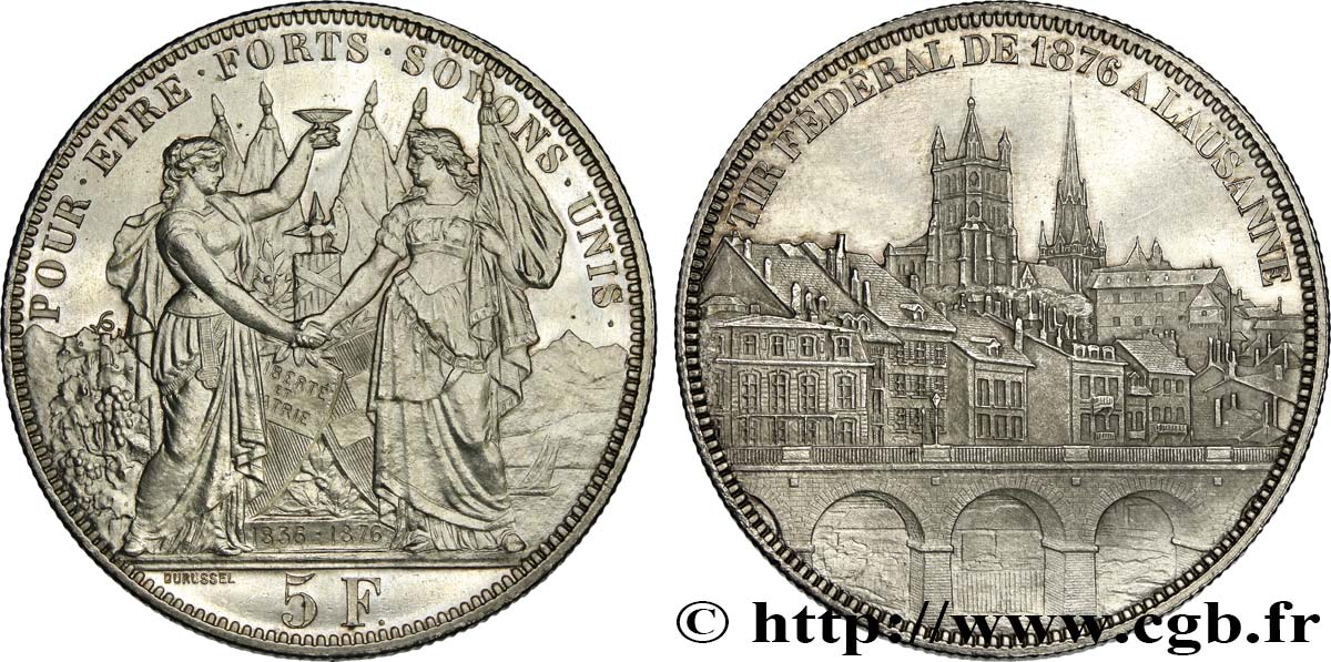 SWITZERLAND 5 Francs, monnaie de Tir, Lausanne 1876  MS 
