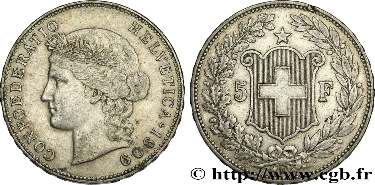 SUIZA 5 Francs Helvetia 1909 Berne MBC+ 