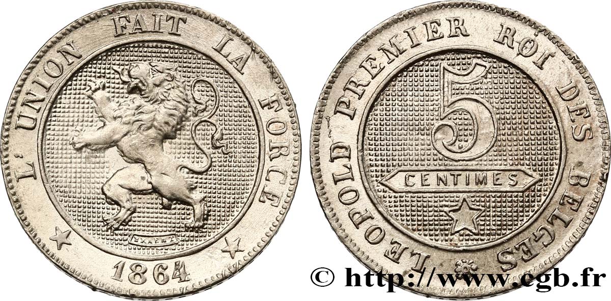 BELGIEN 5 Centimes Lion légende française 1864  fST 