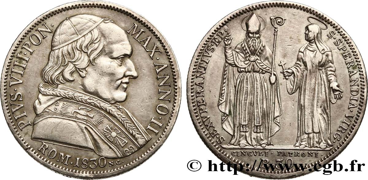 ITALIA - STATO PONTIFICIO - PIO VIII (Francesco Castiglioni) Teston (30 Baiocchi) an II 1830 Rome q.SPL 