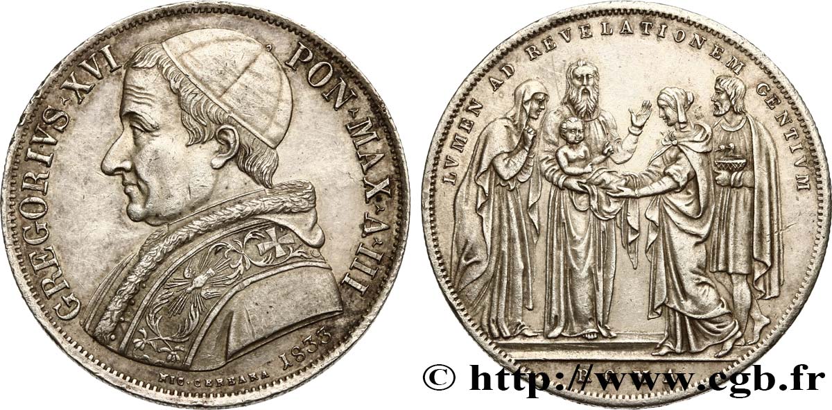 ITALY - PAPAL STATES - GREGORY XVI (Bartolomeo Alberto Cappellari) Scudo an III 1833 Rome AU 
