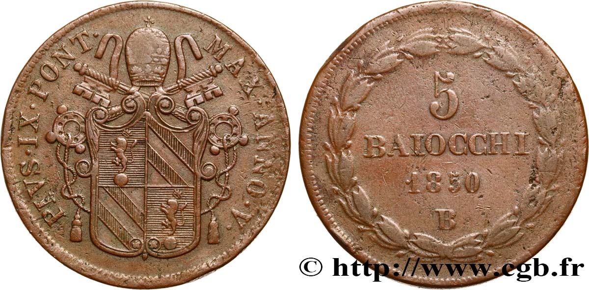 ITALIA - ESTADOS PONTIFICOS - PIE IX (Giovanni Maria Mastai Ferrettii) 5 Baiocchi an V 1850 Bologne - B BC+ 