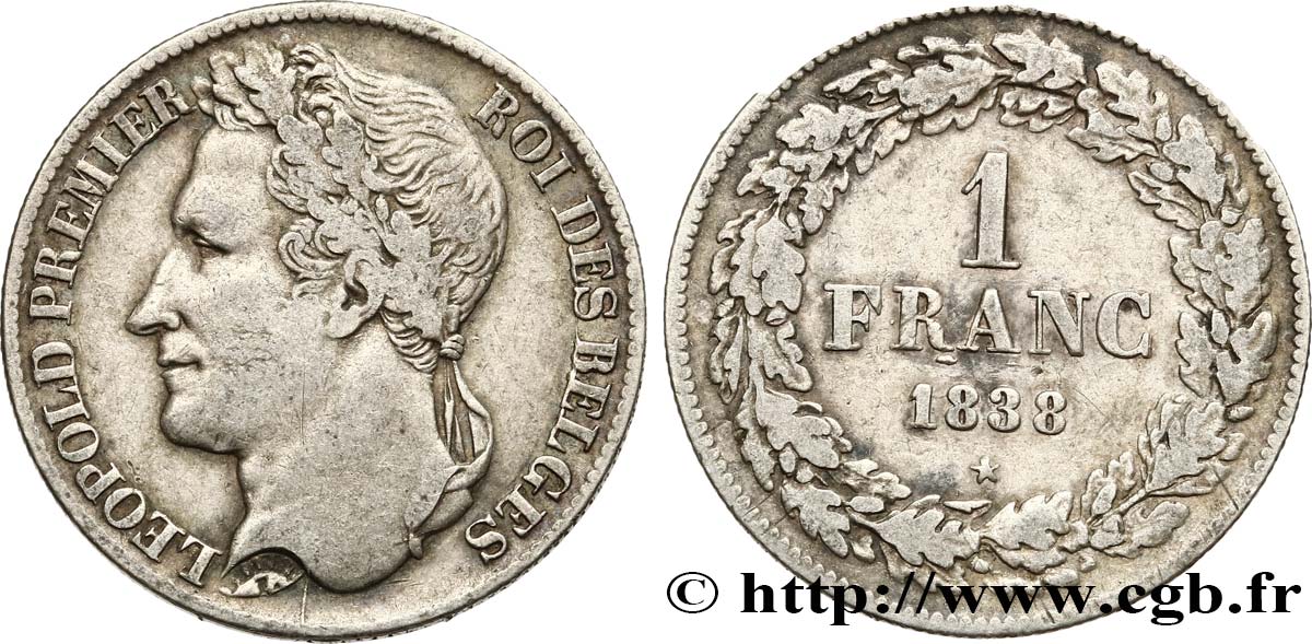 BELGIQUE 1 Franc Léopold Ier tête laurée 1838 Bruxelles TTB 