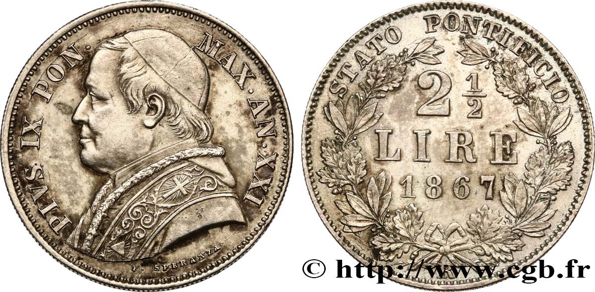 ITALY - PAPAL STATES - PIUS IX (Giovanni Maria Mastai Ferretti) 2 1/2 Lire Pie IX an XXI 1867 Rome AU 