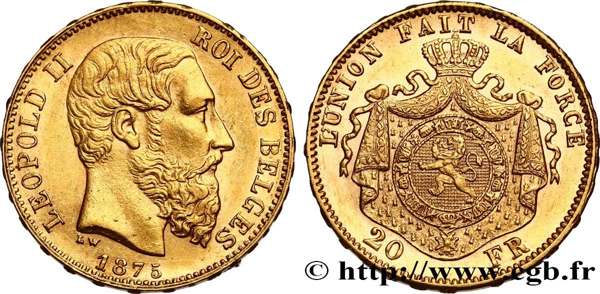 INVESTMENT GOLD 20 Francs Léopold II 1875 Bruxelles AU 