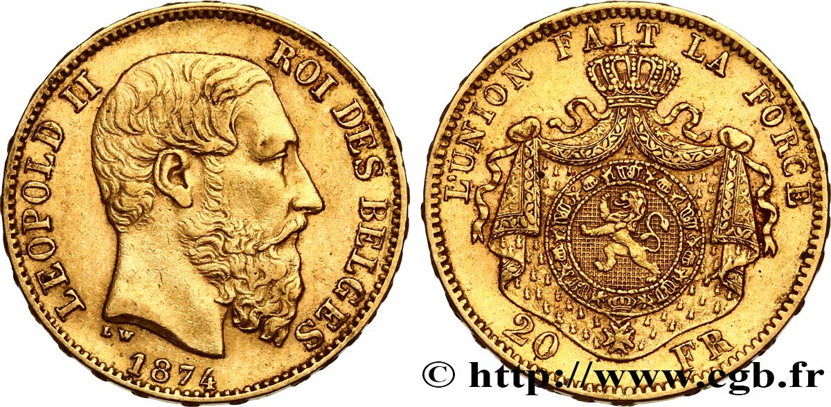 INVESTMENT GOLD 20 Francs Léopold II 1874 Bruxelles fVZ 