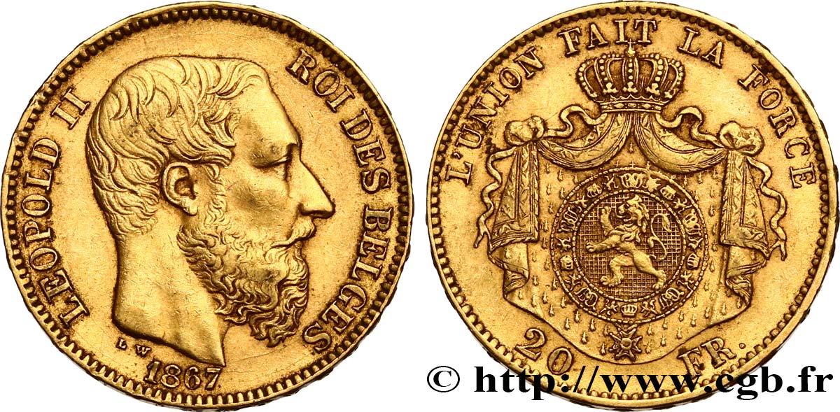 OR D INVESTISSEMENT 20 Francs Léopold II 1867 Bruxelles TTB+ 