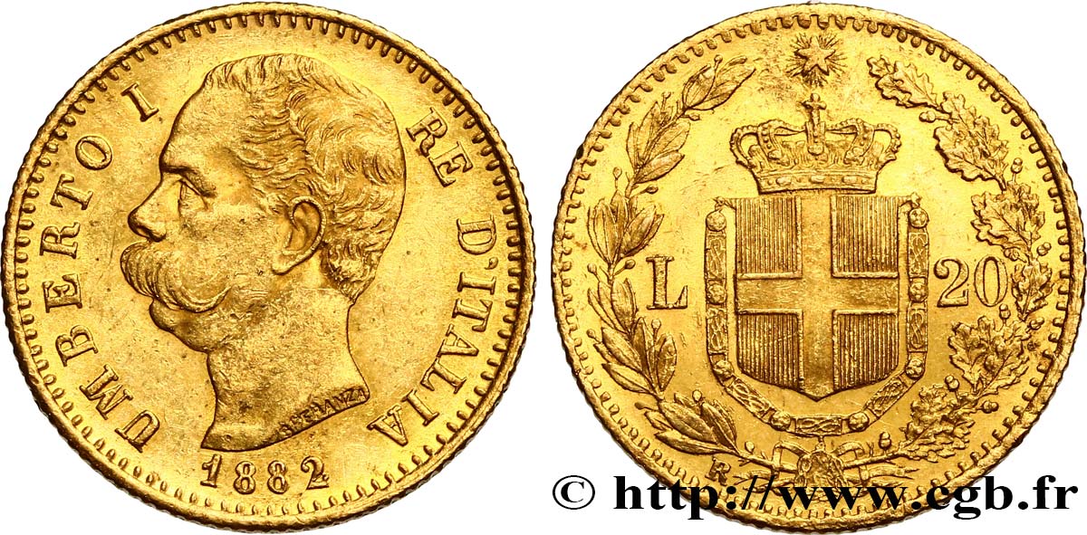 INVESTMENT GOLD 20 Lire Umberto Ier 1882 Rome AU 