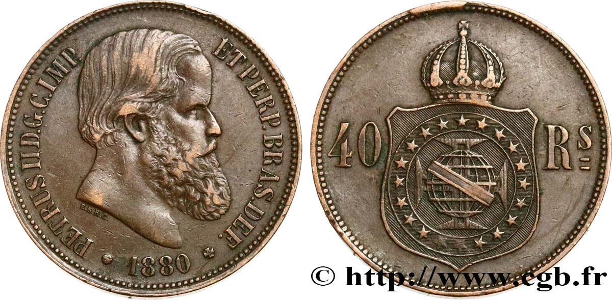 BRAZIL 40 Réis Empereur Pierre II 1880  XF 