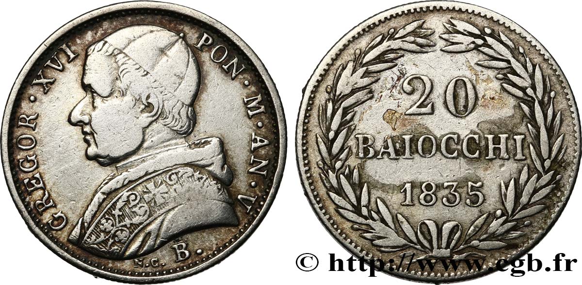 VATICAN AND PAPAL STATES 20 Baiocchi Grégoire XVI an V 1835 Bologne VF 