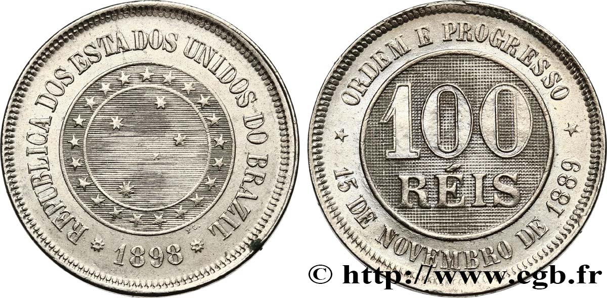 BRÉSIL 100 Reis 1898  TTB+ 