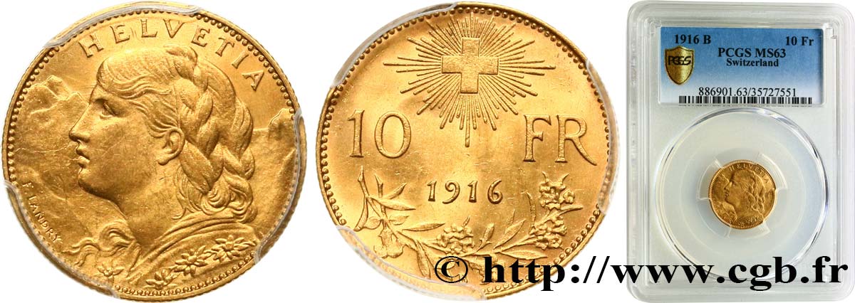 SUISSE 10 Francs or  Vreneli” 1916 Berne SPL63 PCGS