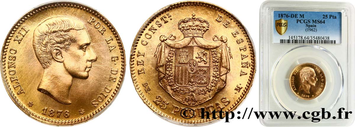 SPAIN - KINGDOM OF SPAIN - ALFONSO XII 25 Peseta refrappe de 1962 1876 Madrid MS64 PCGS