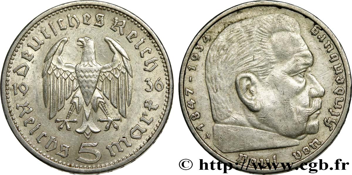 ALLEMAGNE 5 Reichsmark Maréchal Paul von Hindenburg 1936 Berlin TTB+ 