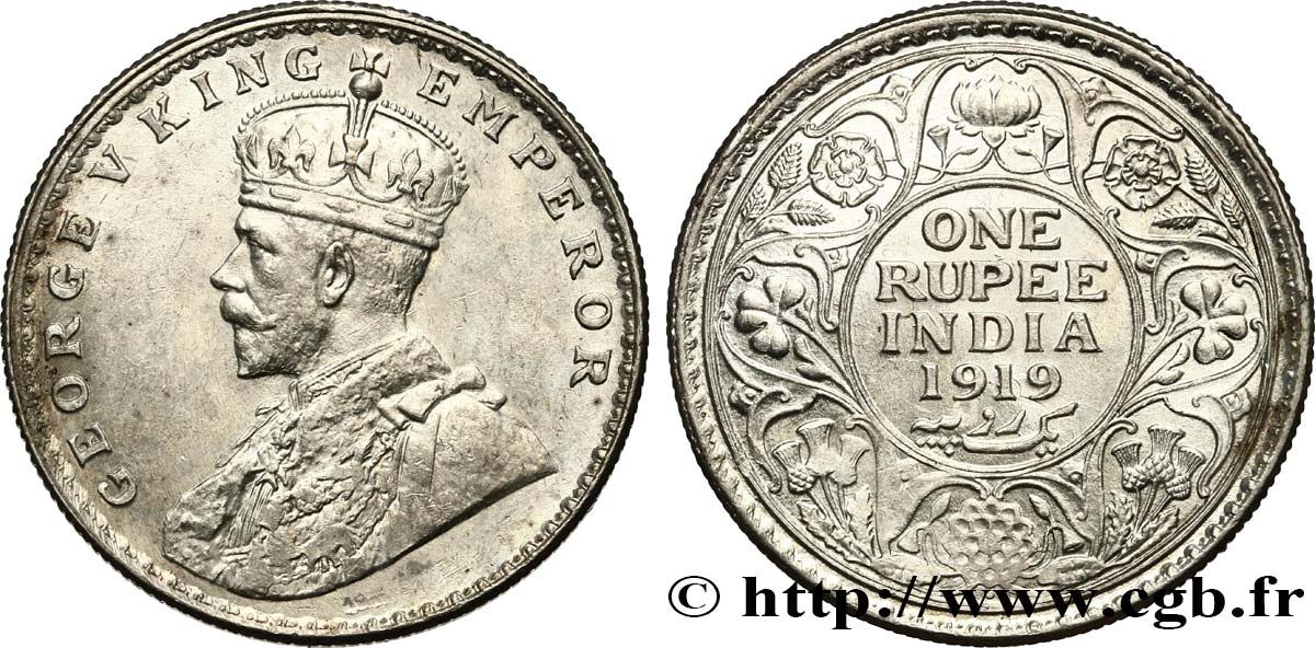 BRITISH INDIA 1 Roupie Georges V 1919 Bombay MS 