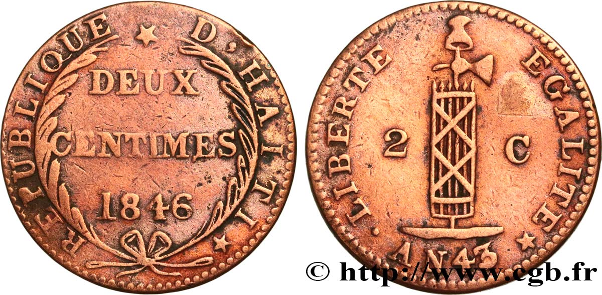 HAITI 2 Centimes faisceau, an 43 1846  fSS 
