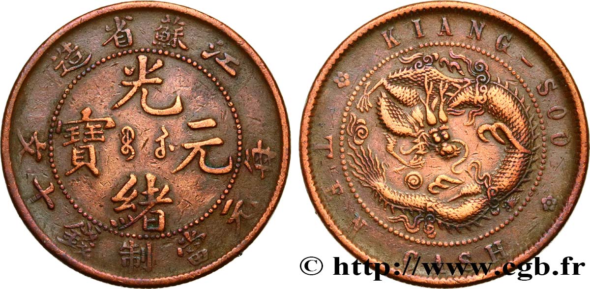 CHINA 10 Cash province de Kiangsu-Kiangsoo empereur Kuang Hsü, dragon 1902 Soochow XF 