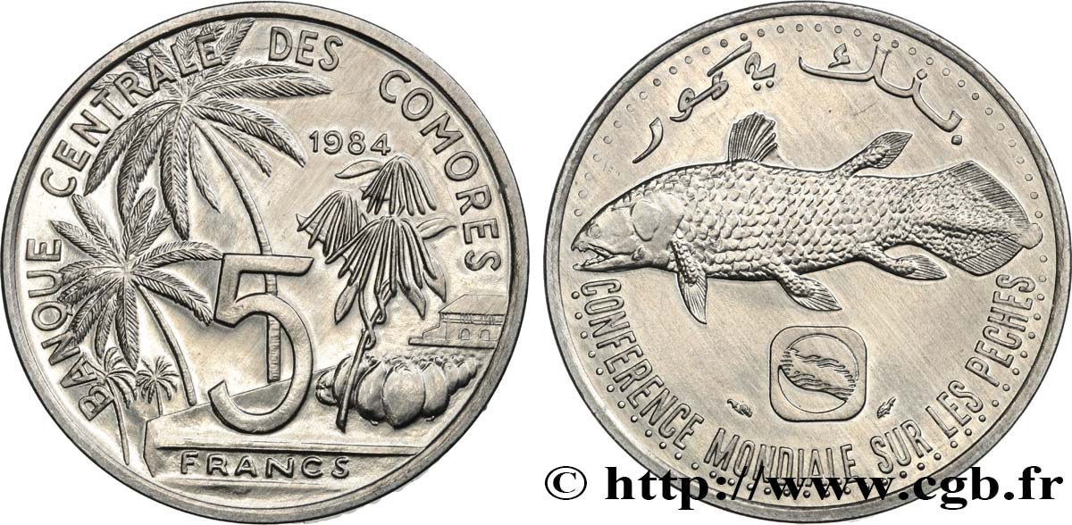 COMORAS 5 Francs poisson coelacanthe / cocotiers 1984 Paris SC 