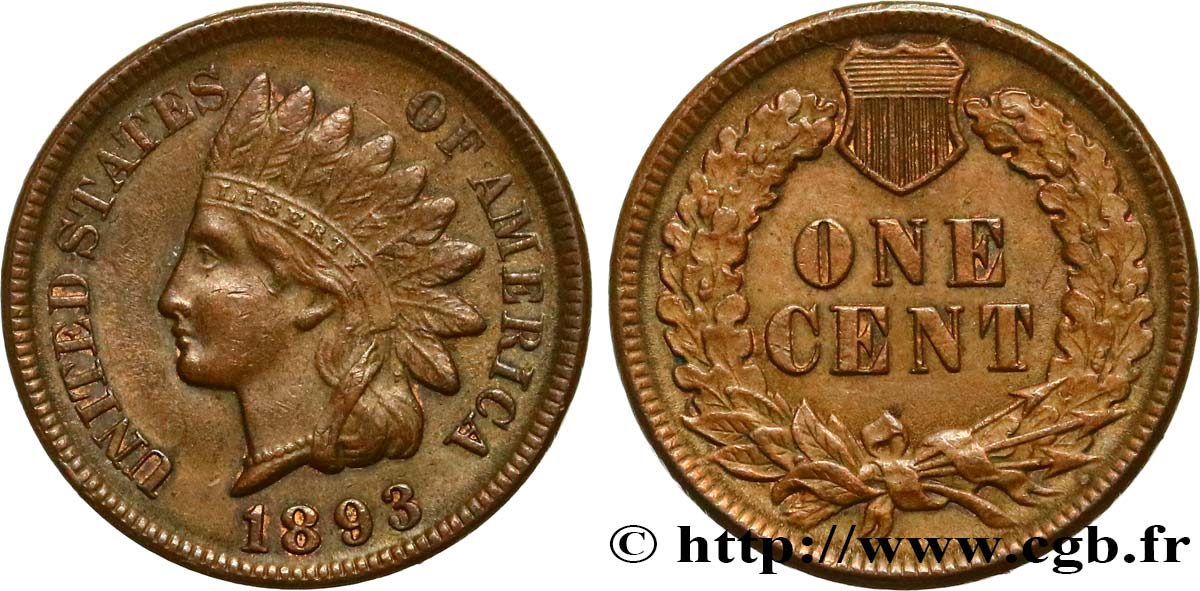 ÉTATS-UNIS D AMÉRIQUE 1 Cent tête d’indien, 3e type 1893 Philadelphie TTB+ 