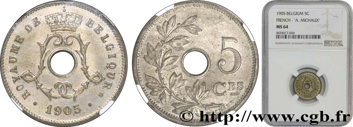BELGIQUE 5 Centimes Léopold II 1905  SPL64 NGC