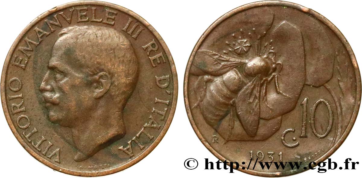 ITALY 10 Centesimi Victor Emmanuel III 1931 Rome - R XF 