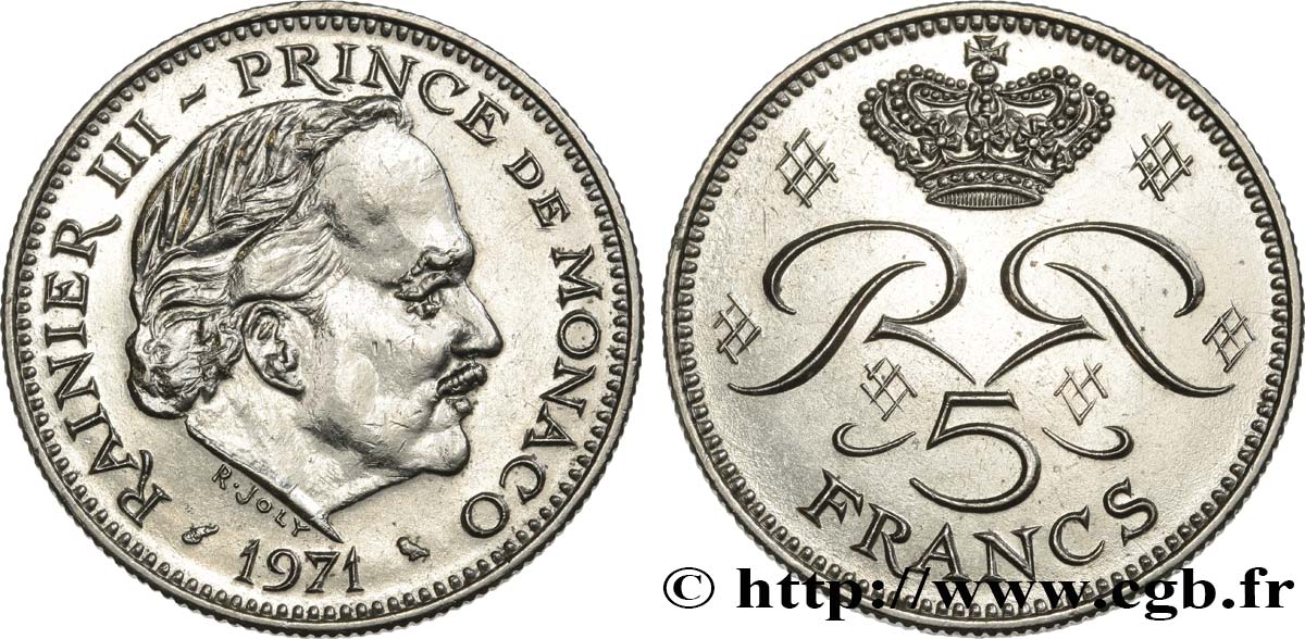 MONACO 5 Francs Rainier III 1971 Paris EBC 