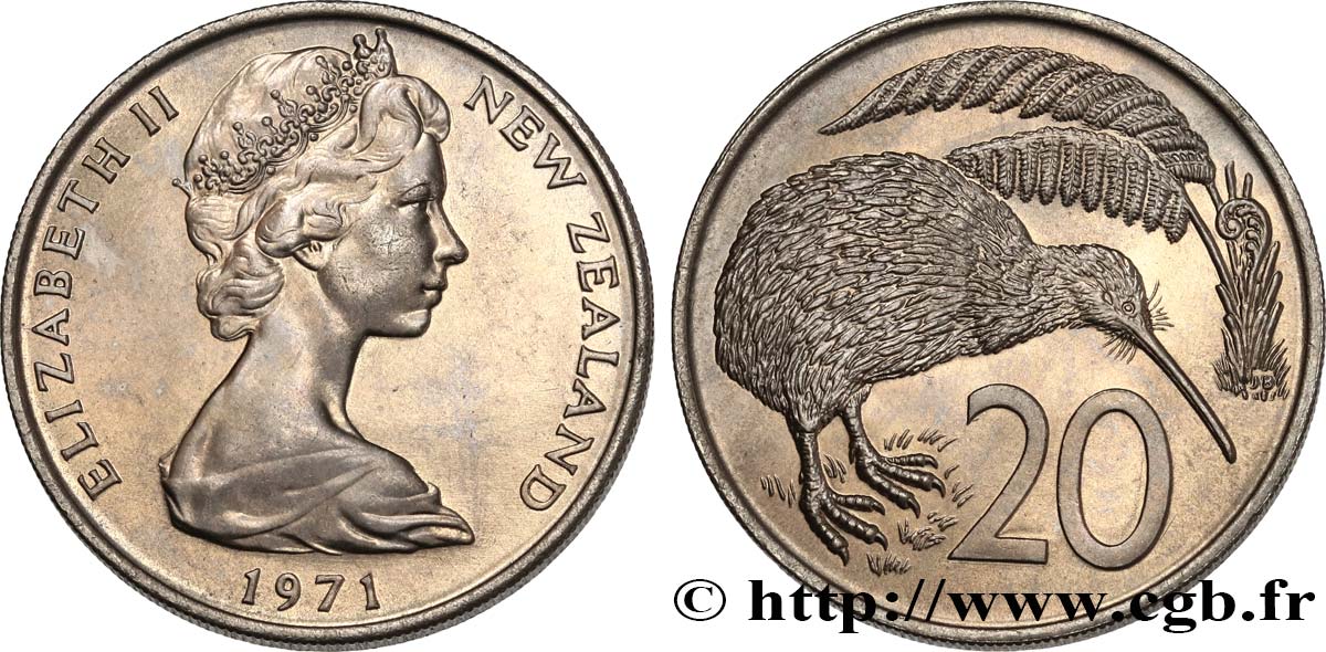 NUEVA ZELANDA
 20 Cents Elisabeth II / kiwi 1971 
 SC 