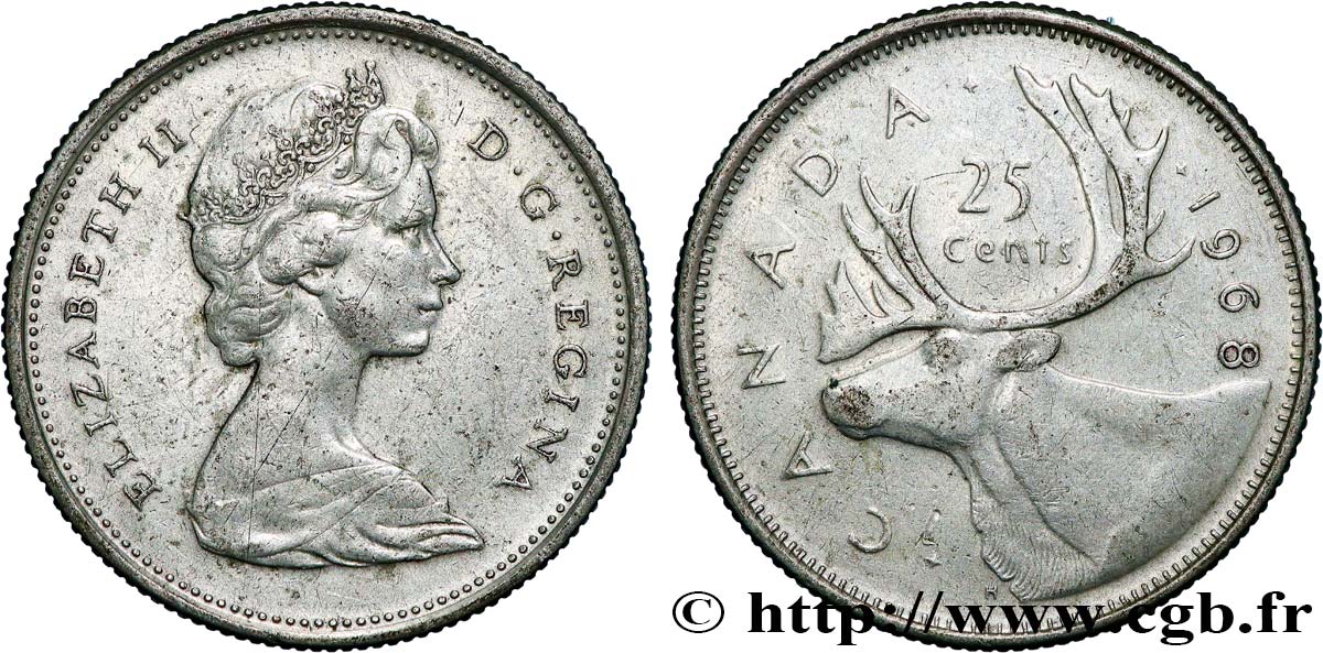 CANADA 25 Cents Elisabeth II / caribou 1968  TTB 