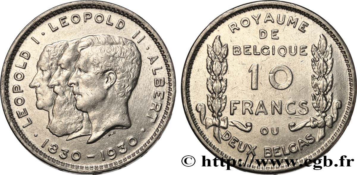 BÉLGICA 10 Francs - 2 Belgas Centenaire de l’Indépendance - légende Française 1930  MBC 