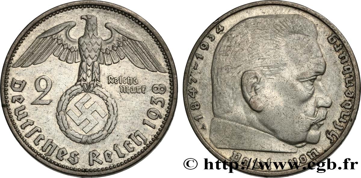 ALLEMAGNE 2 Reichsmark aigle surmontant une swastika / Maréchal Paul von Hindenburg 1938 Berlin - A TTB 