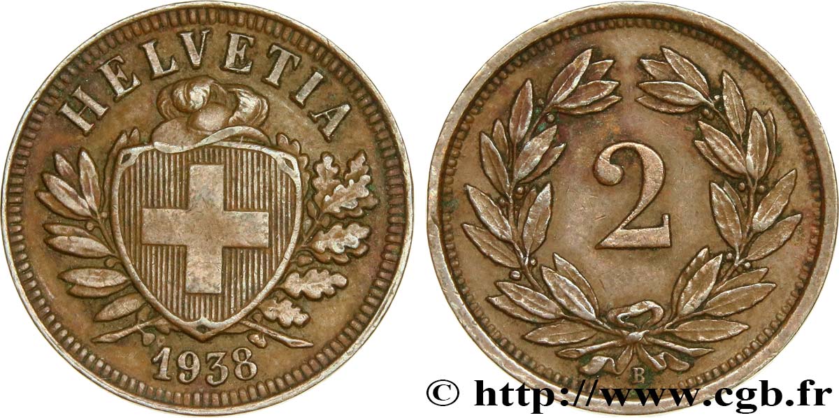 SCHWEIZ 2 Centimes (Rappen) croix suisse 1938 Berne - B VZ 