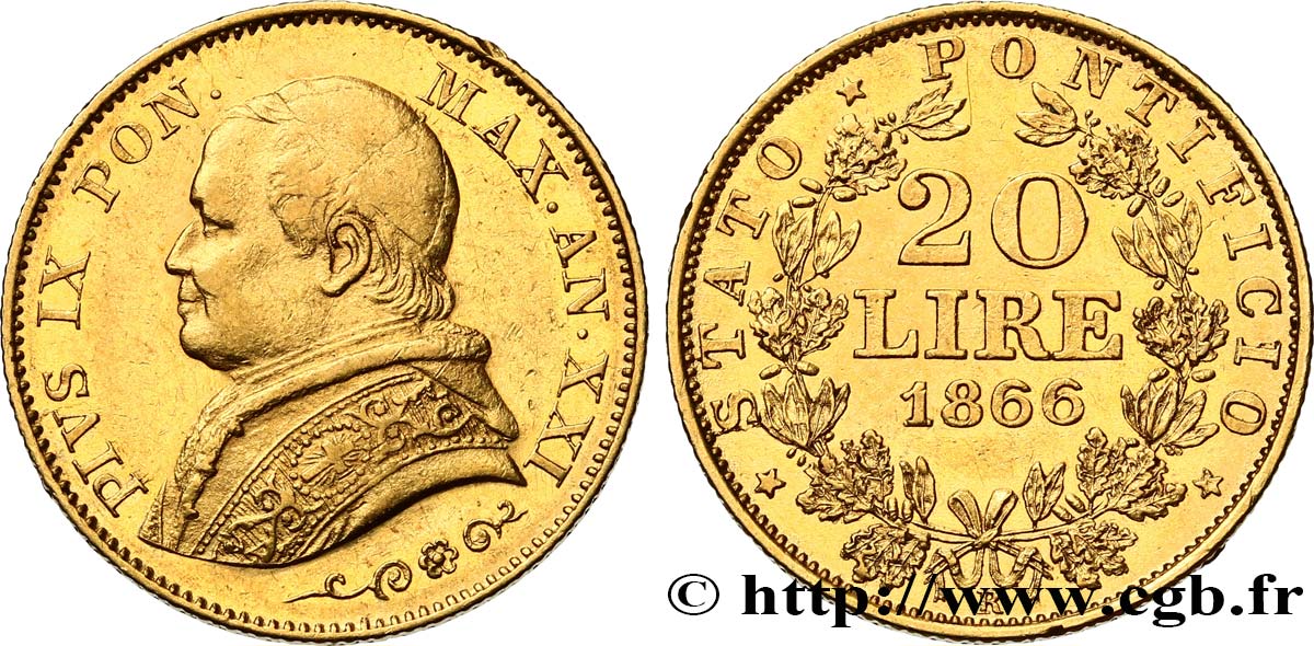 ITALY - PAPAL STATES - PIUS IX (Giovanni Maria Mastai Ferretti) 20 Lire, grand buste 1866 Rome XF 