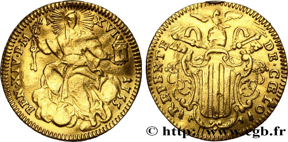 ITALIE - ÉTATS DU PAPE - BENOÎT XIV (Prospero Lambertini) Zecchino (Sequin) en or 1755 Rome TTB 